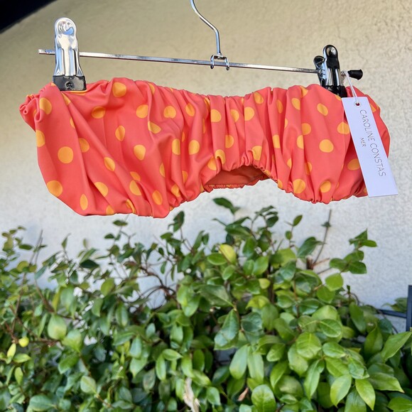 Caroline Constas Leila Bikini Top Gathered Polka Dot Bandeau Orange Size XS NWT - Picture 3 of 6